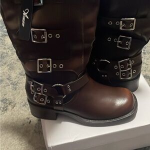 Avirex Brown and Black Buckle Heeled Boots